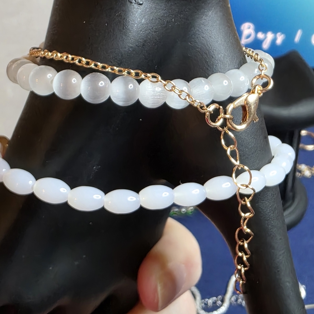 3pc White & Gold Beaded Bracelet Set Crystal Heart Charm Stone Glass Pieces 601 - Picture 7 of 7